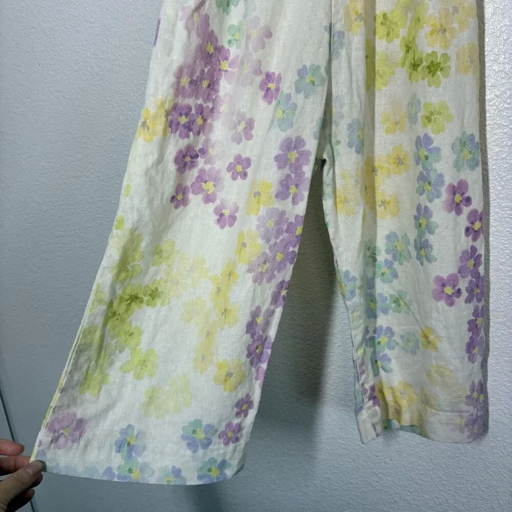 Zara Spain Jumpsuit Girls 5 Yellow Floral Linen Blend Tie Strap Summer One Piece